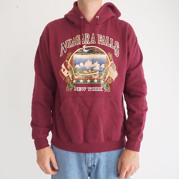 Vintage Niagara Falls Hoodie Maroon Graphic USA Souvenir 90s Travel Sweatshirt M - Picture 1 of 10